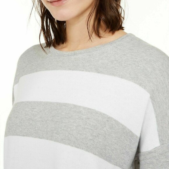Eileen Fisher NWT Grey/White Stripe Round Neck Lagenlook BOX-TOP Sweater Size 1X - Picture 2 of 7